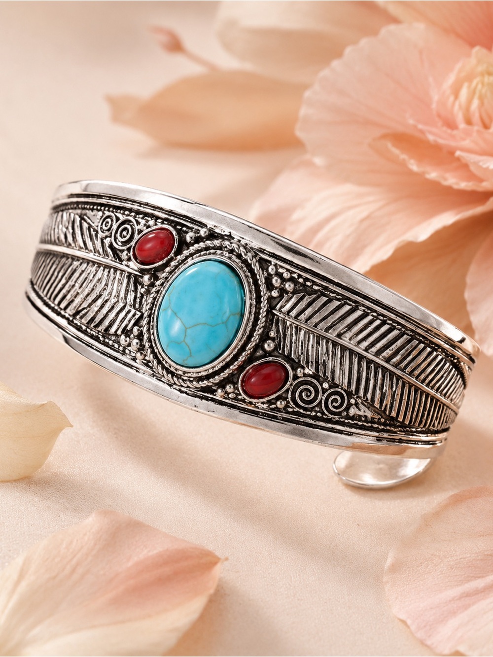 Turquoise and Coral Stone Silver Cuff Bracelet - Women Jewelry